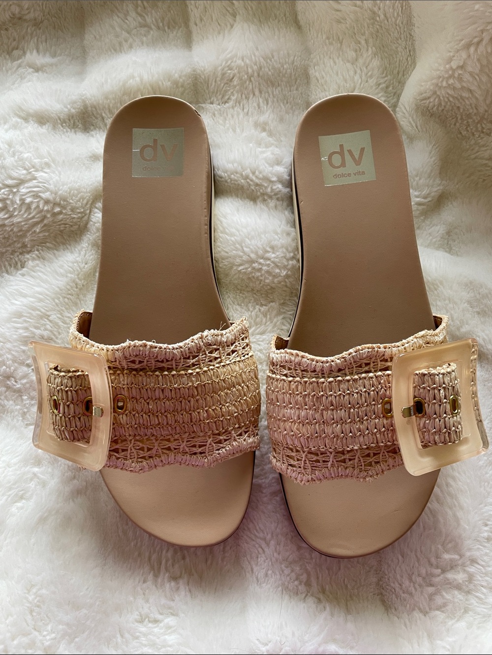 DV by Dolce Vita Natural Raffia Slide Sandals with Clear Buckle